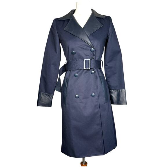 Misha Nonoo Navy Royal Lambskin Leather Trench Coat Size 0 - Picture 2 of 15